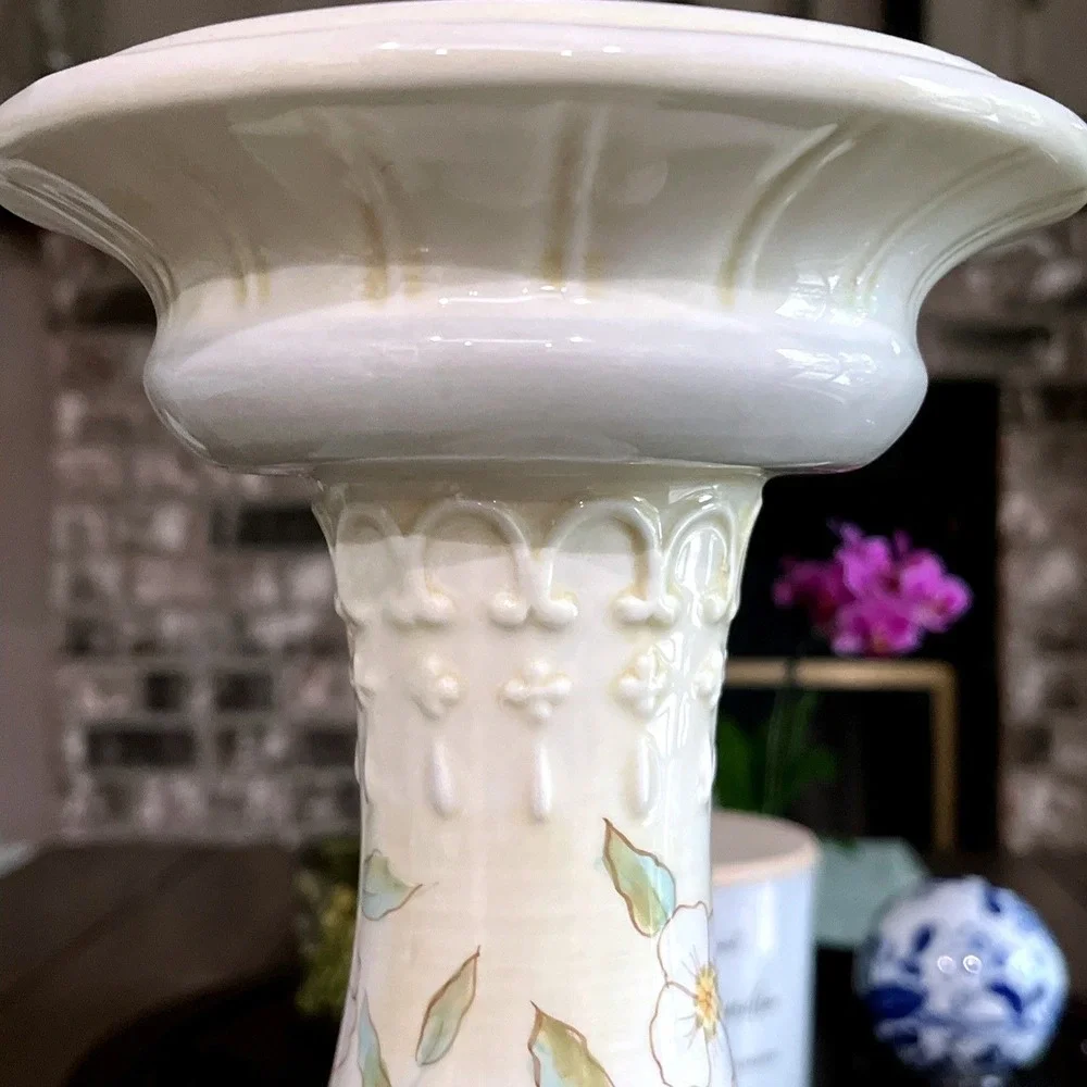 TRACY PORTER Orchard 13.25 Inch Candle Stick Holder Pale Yellow & Blue Floral